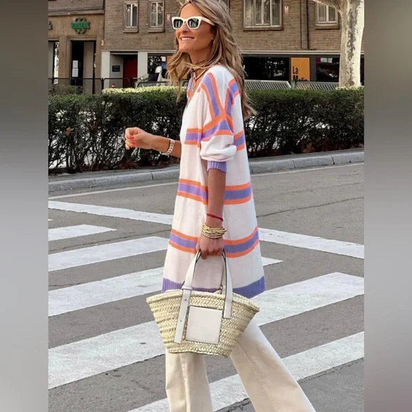 Striped Purple and Orange Women's Cardigan Knit Sweater size XL (16) - Picture 3 of 7